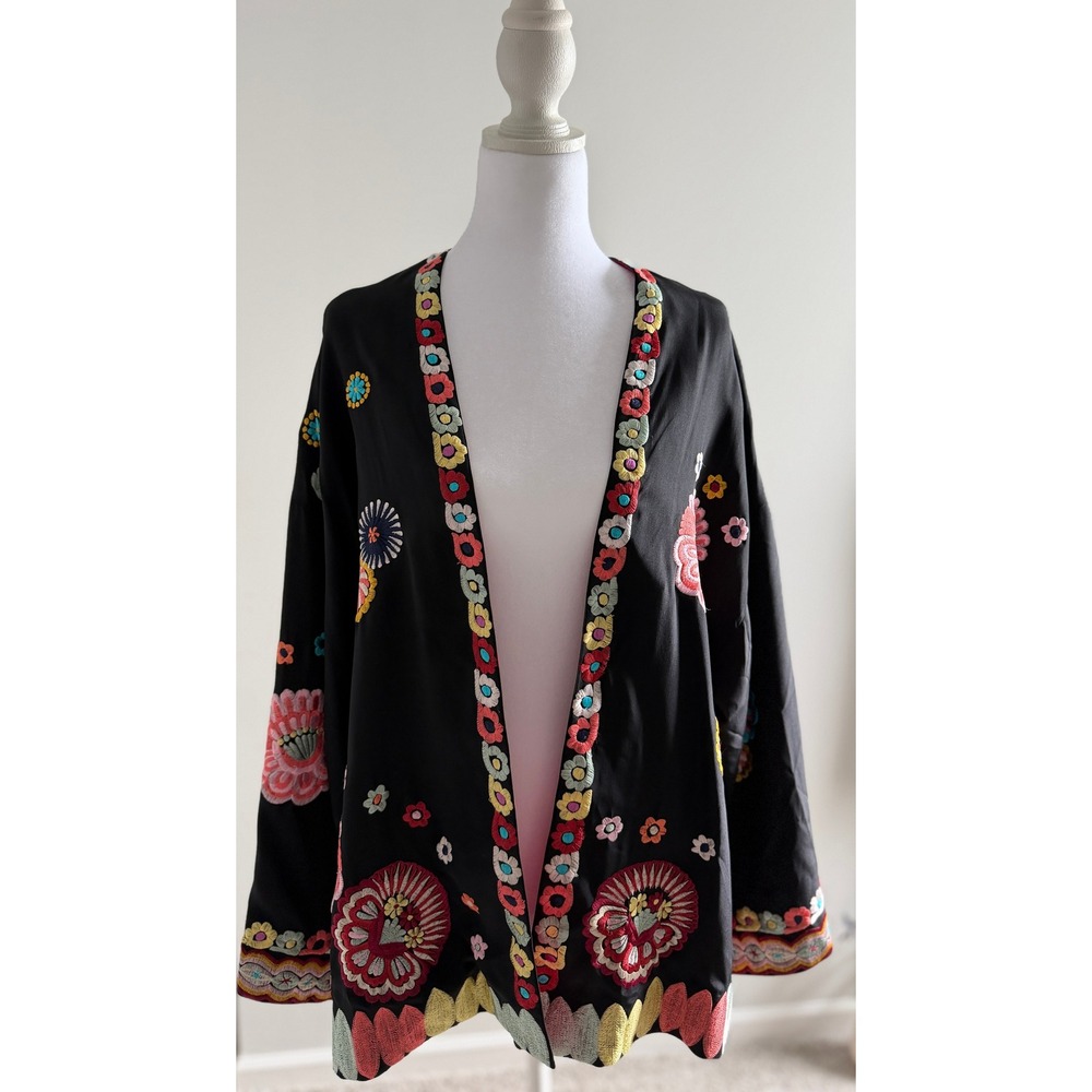 Natori Black Embroidered Kimono Jacket Floral Open Front Boho Statement XL - Picture 2 of 16
